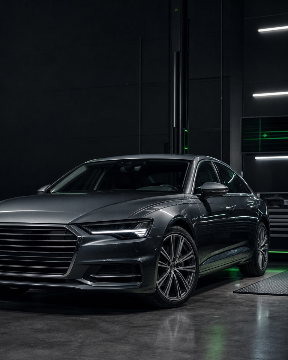 Graphite-grey executive car in a dark specialist workshop
